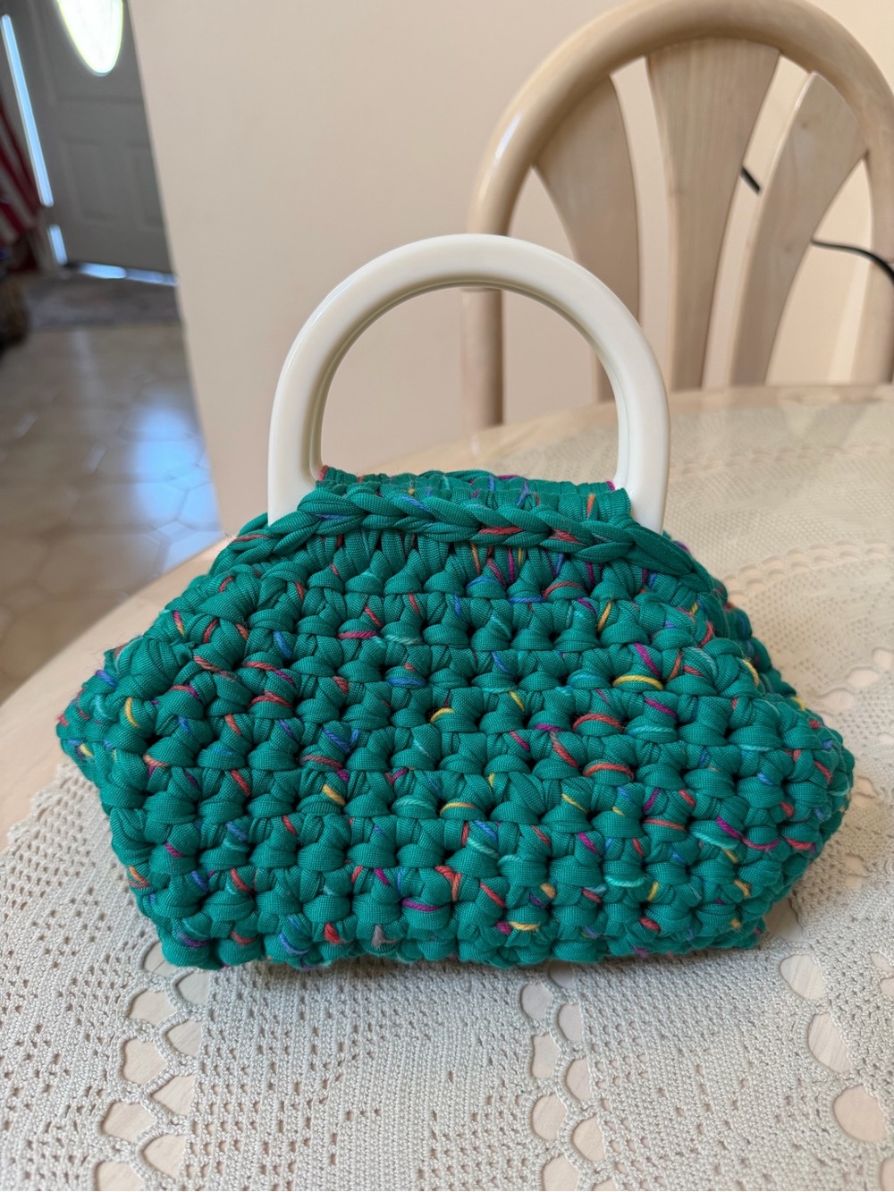 Handcrafted Teal Crochet Mini Bag with White Handles